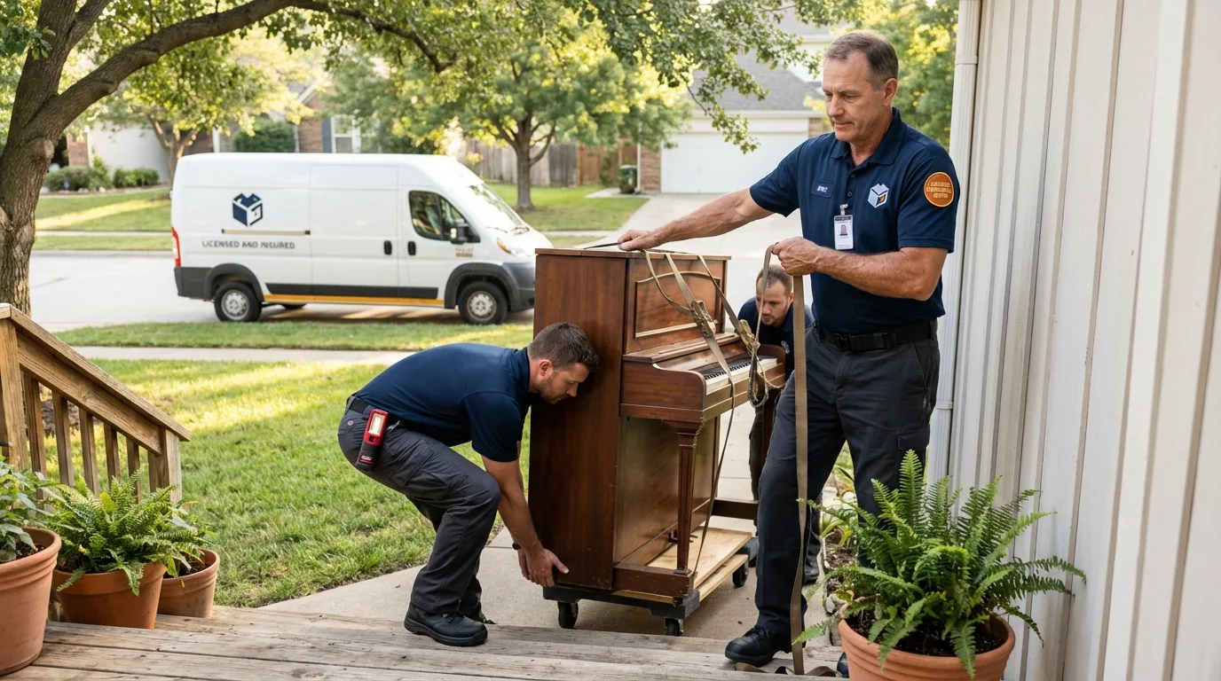 Licensed piano movers securing grand piano in Ruston, LA