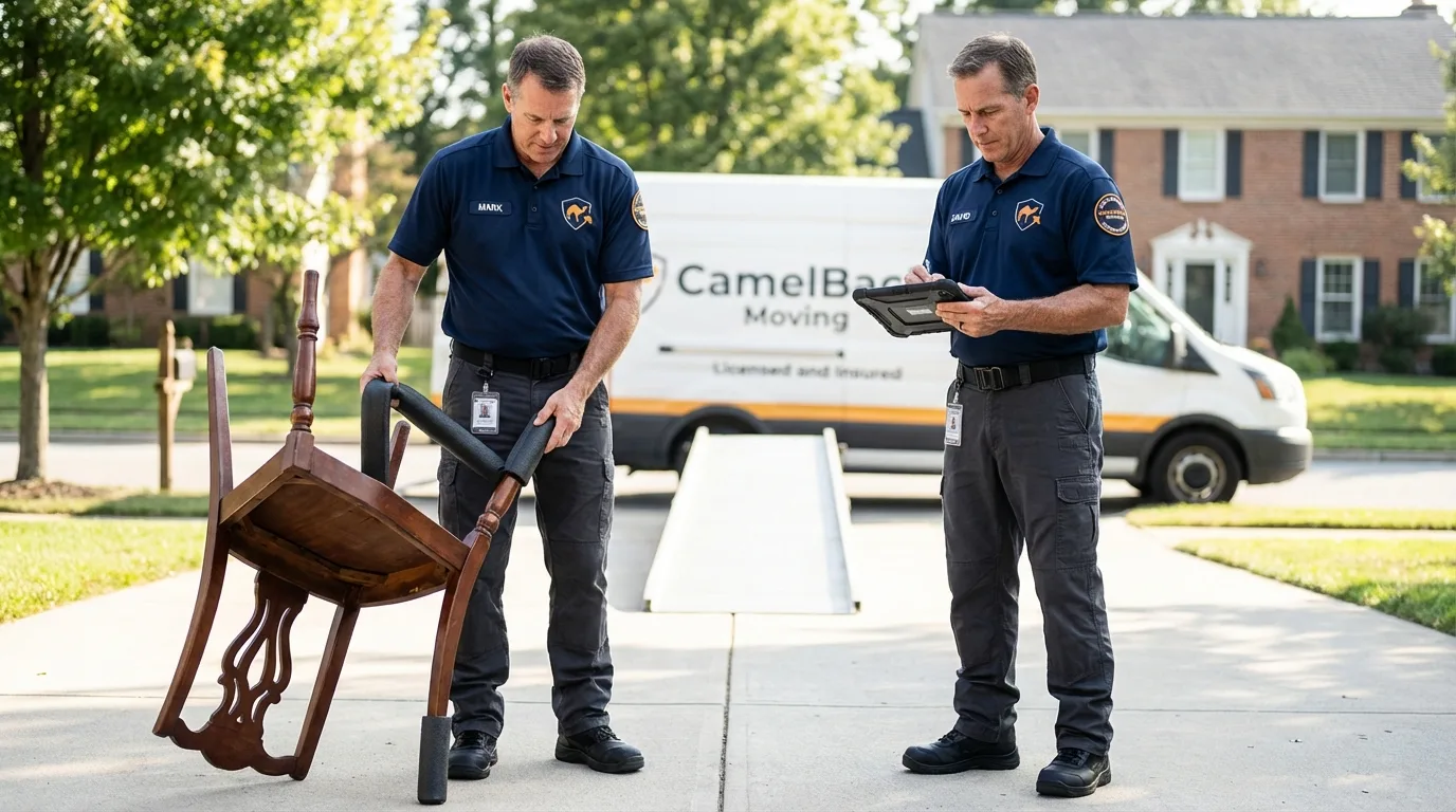 Movers inspecting furniture for damage prevention before loading in Ruston, LA