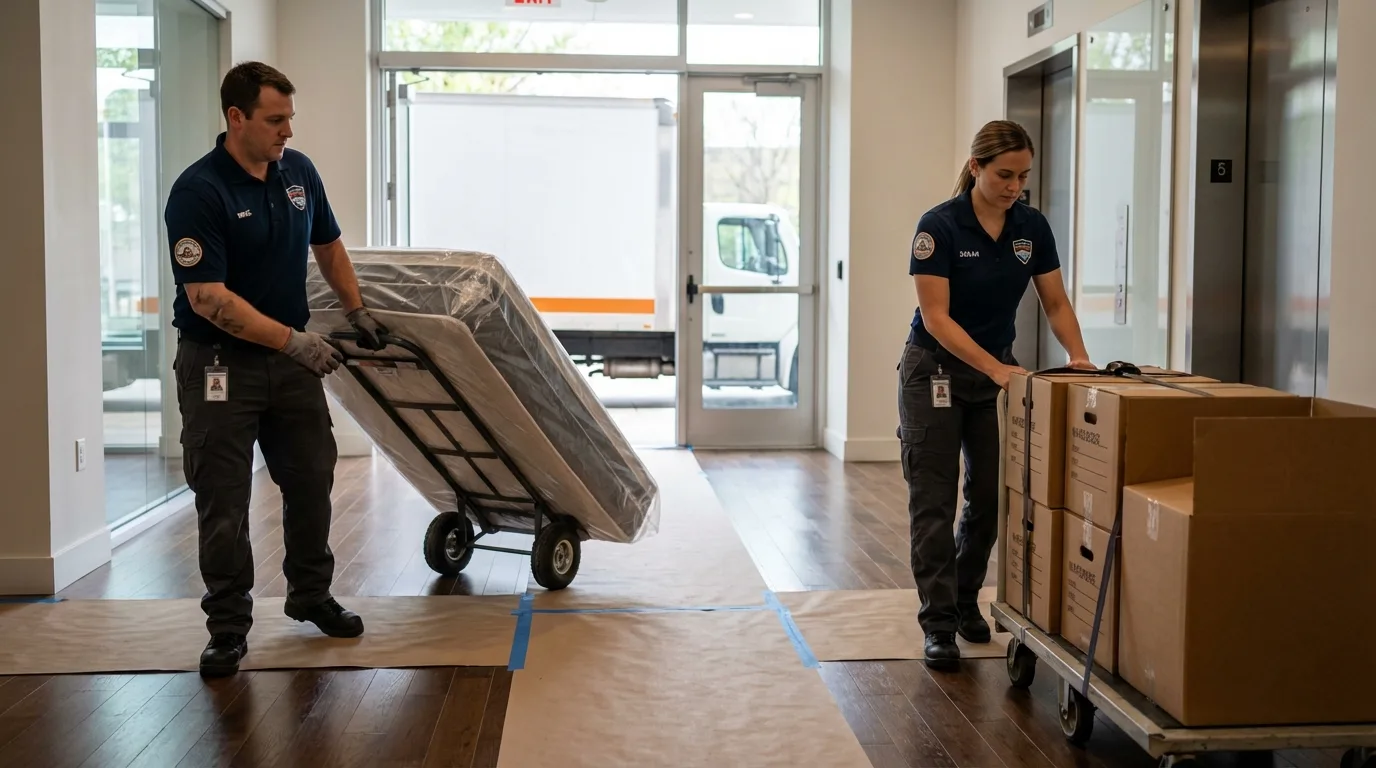 Professional apartment movers loading elevator in Ruston, LA