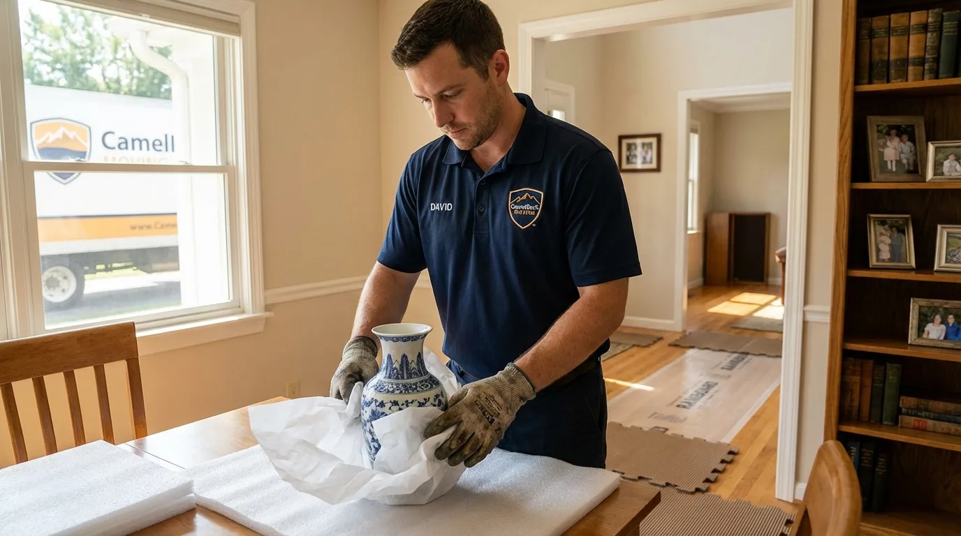 Professional crew carefully wrapping antique vase for senior downsizing move in Ruston, LA